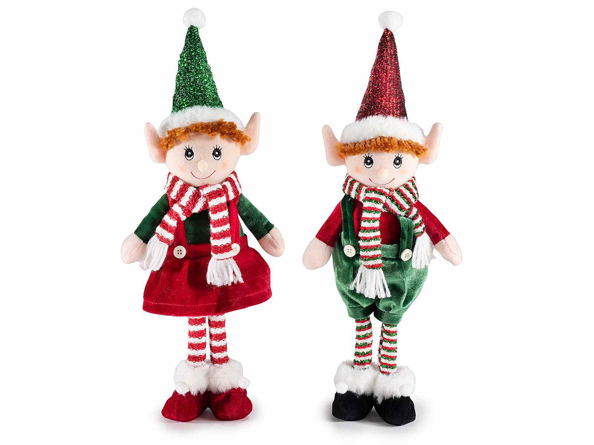 Elfi di Natale in stoffa con sciarpa a righe da appoggiare. Decorazioni ideali, set da 4 pezzi, cm13x8x42H (capp.esteso)