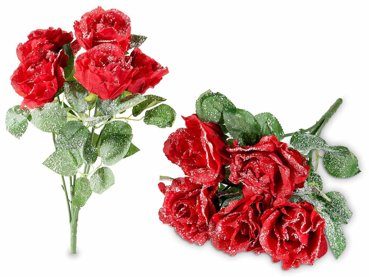 Mazzi artificiali di rose rosse in stoffa ad effetto innevato, set da 4 pezzi, cm 38 H (con gambo 46)