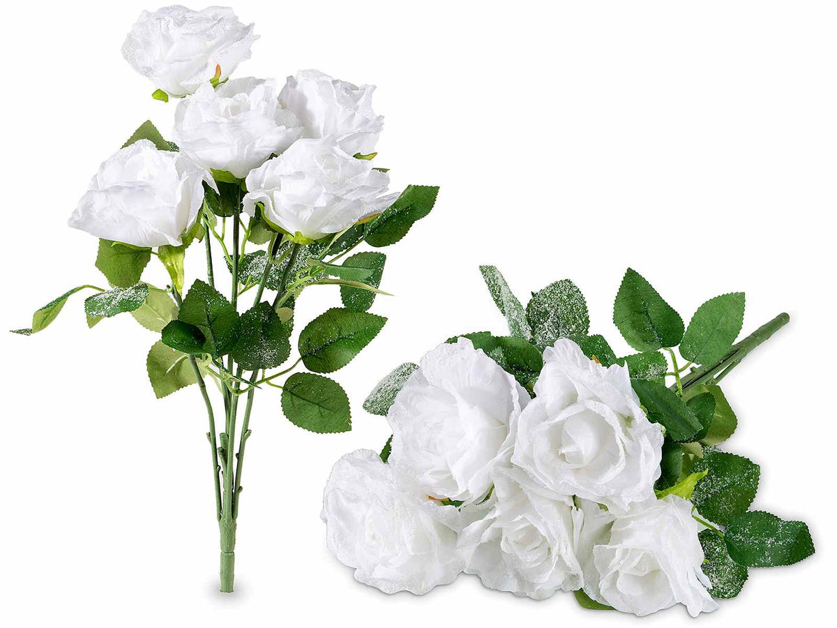 Mazzi di rose bianche artificiali ad effetto innevato, set da 4 pezzi, cm 38 H (con gambo 46)
