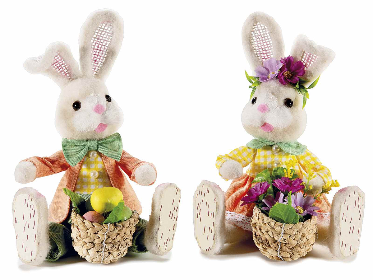 Coniglietti di Pasqua decorativi in finto pelo seduti con abito e cestini, set da 4 pezzi, cm 14 x 14 x 21,5 H