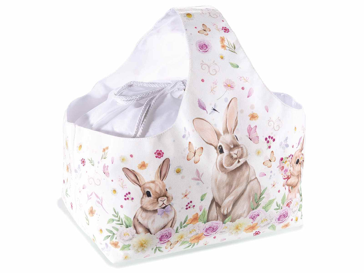 Cestino a borsetta di Pasqua in canvas con stampa coniglietti, sacchetto, set da 3 pezzi, cm30x22,5x19H (c / manico37)