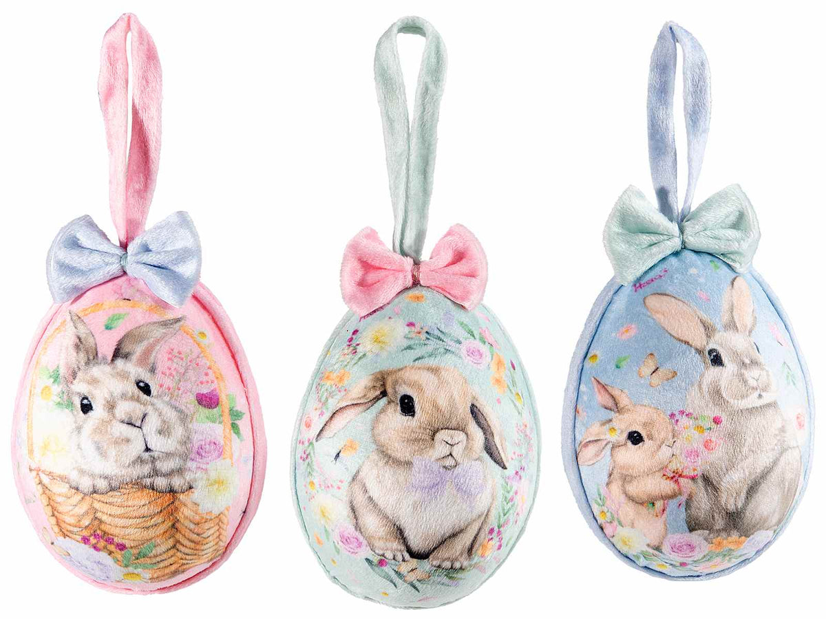 Uova di Pasqua in morbida stoffa con cordino e fiocco da appendere con stampe, set da 18 pezzi, Ø 8 cm x 12,5 H