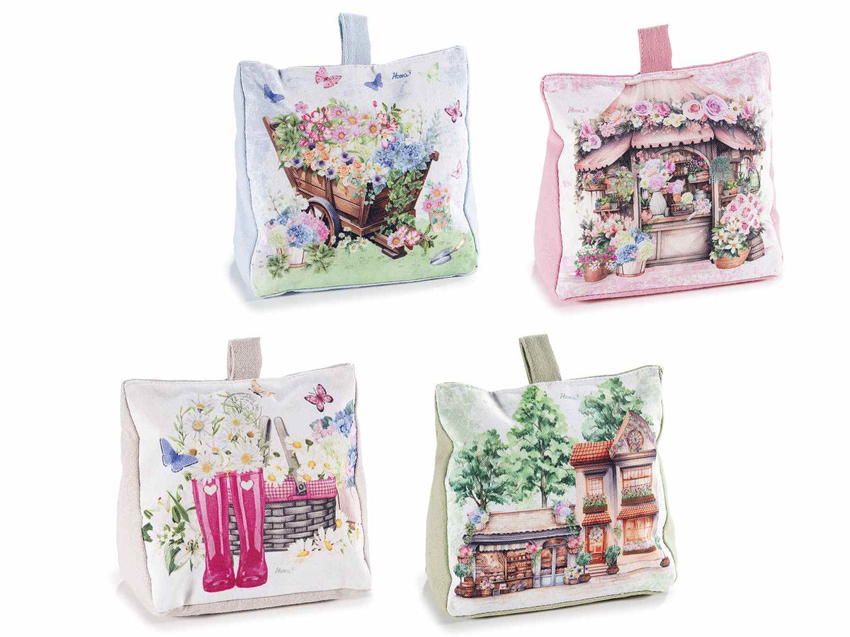 Fermaporta a sacchetto in stoffa imbottita con stampa fiori, set da 4 pezzi, cm 16 x 9 x 15,5 H