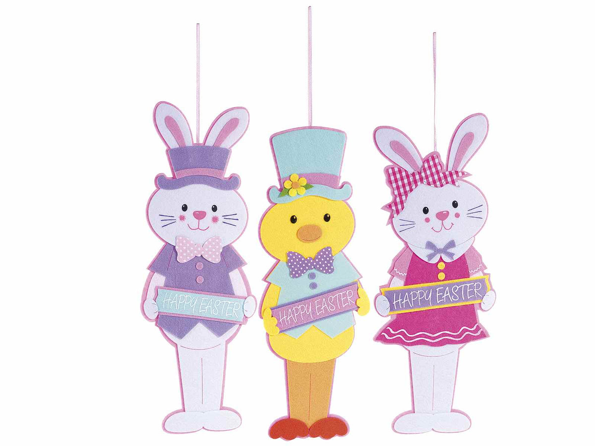 Personaggi pasquali a coniglietto e pulcino in panno Happy Easter da appendere, set da 9 pezzi, cm 13,5 x 38 H