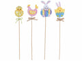 Coniglio, gallina e pulcini pasquali in panno su stick in legno, set da 24 pezzi, cm 8 H (con stick 30)