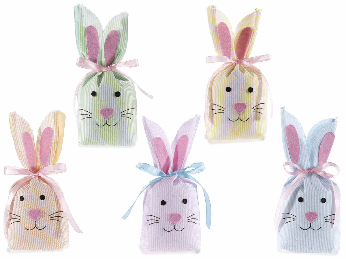 Sacchetti portadolci colorati di Pasqua a coniglietto in stoffa a righe, set da 15 pezzi, cm12,5x4x13H (al cordino11)