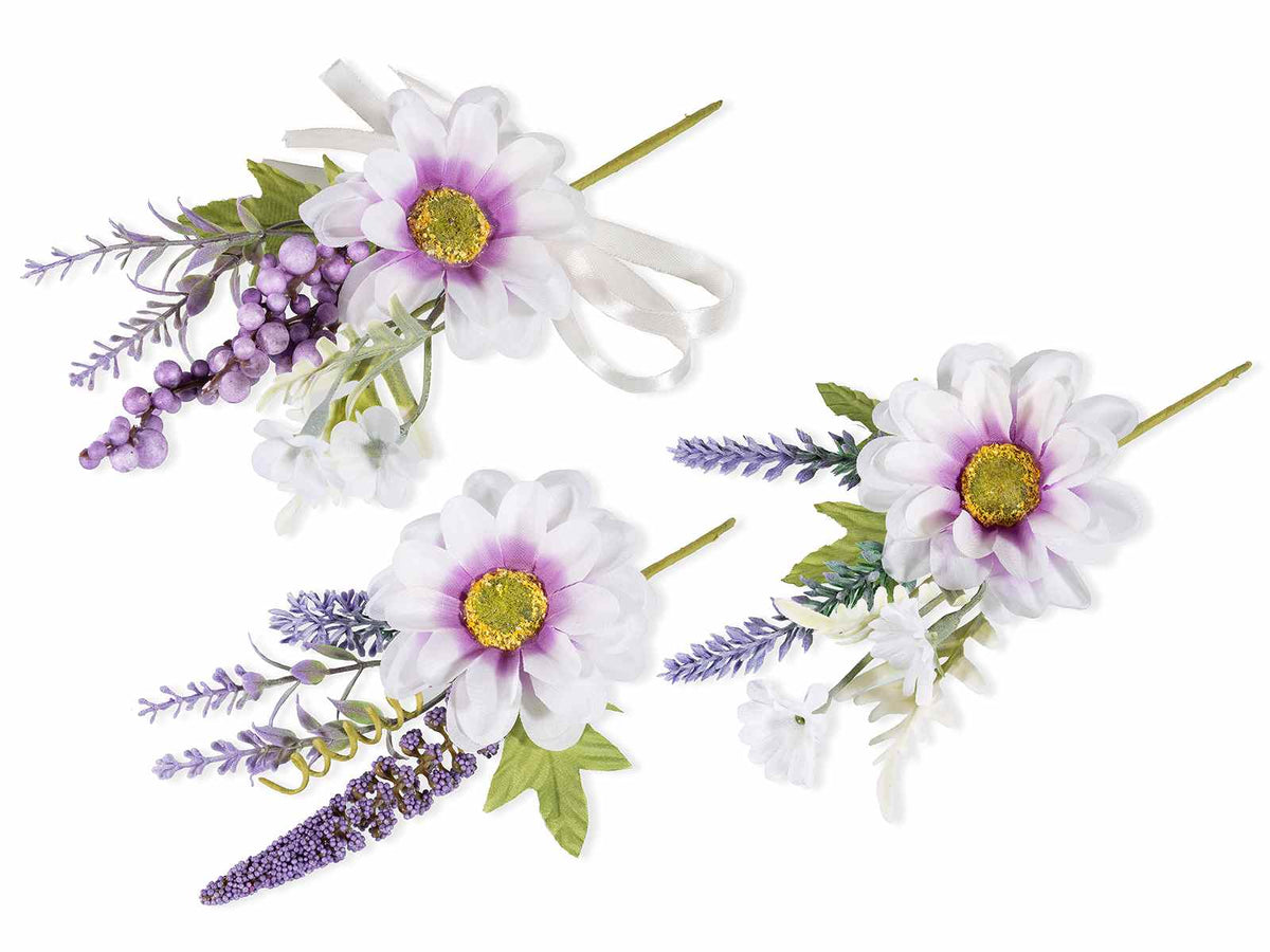 Mazzolini pick chiudipacco di lavanda e margherite artificiali con foglie, set da 18 pezzi, cm 14 H (con gambo 24)