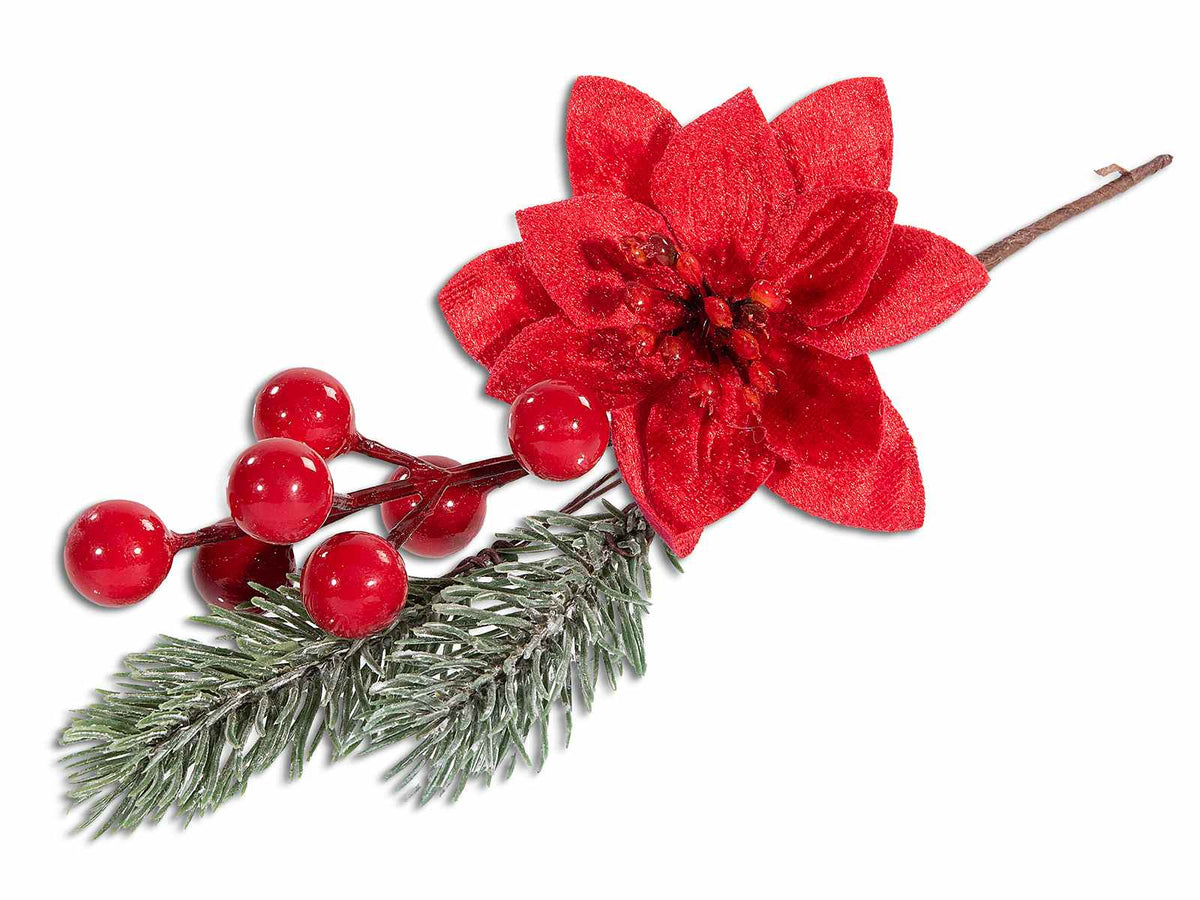 Set di 24 rametti pick stella di Natale in velluto, bacche rosse e pino, cm 13 H (c/gambo 21)