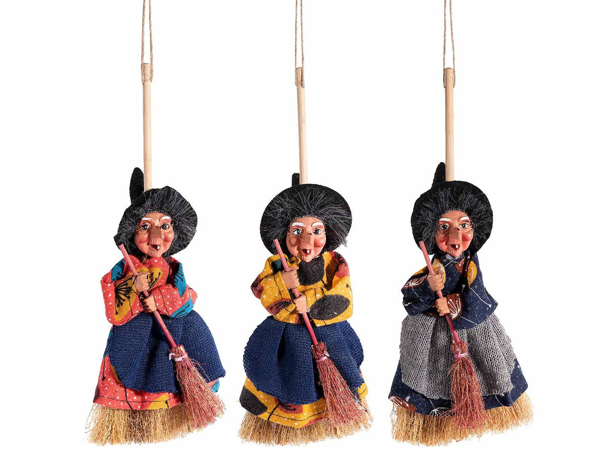 Streghe Befane decorative da appendere con abito in stoffa e scopetta, set da 6 pezzi, cm 27 H