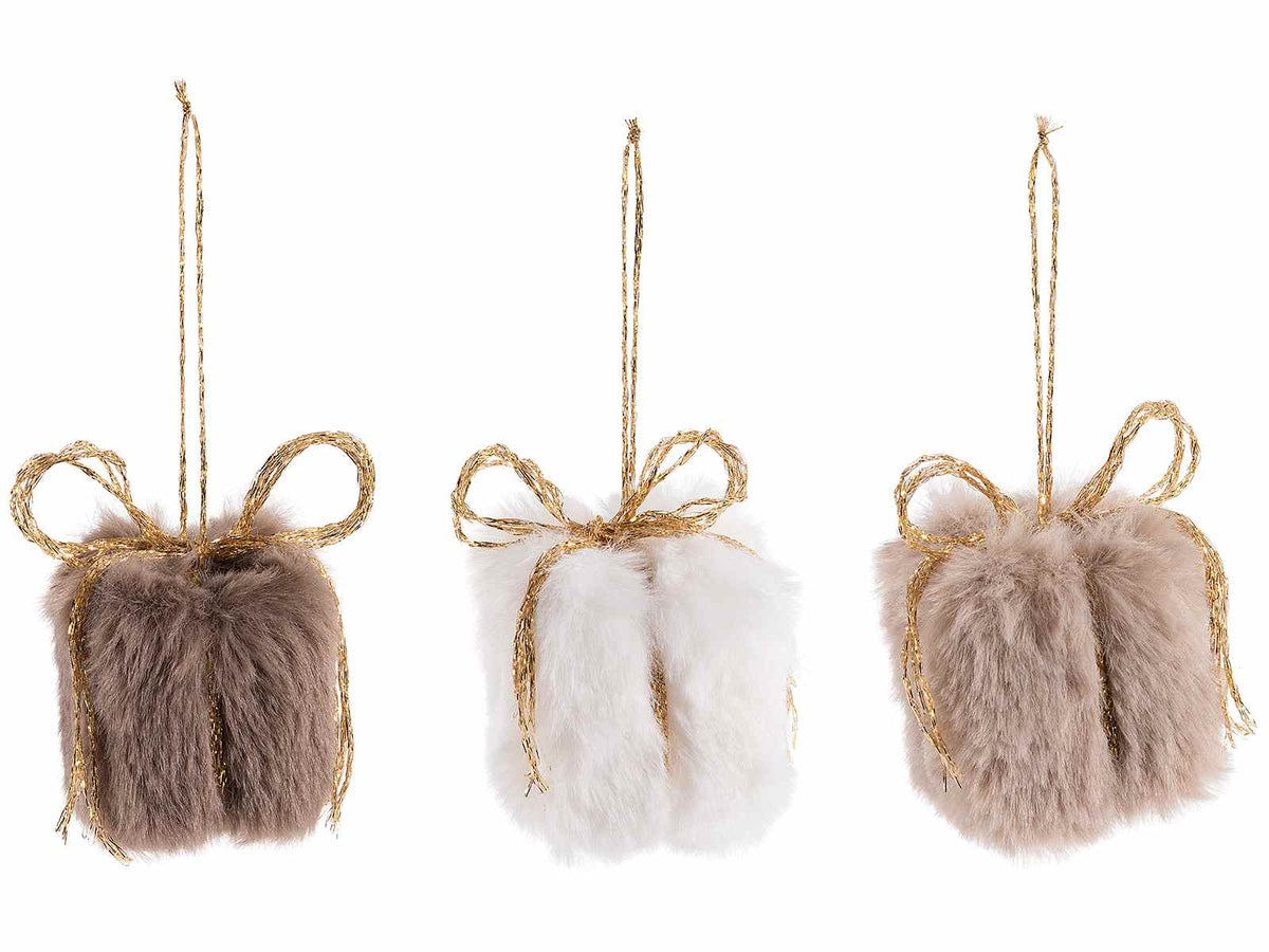Addobbi albero di Natale a pacchetto dono in morbido eco-fur con fiocchetto oro, set da 36 pezzi, cm 4,5 x 4,5 x 5 H