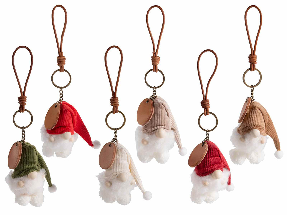 Portachiavi di Natale a gnometto in morbida stoffa con cappello colorato e cordino con tag in eco-pelle, set da 24 pezzi, cm 10 H (c/gancio 14)