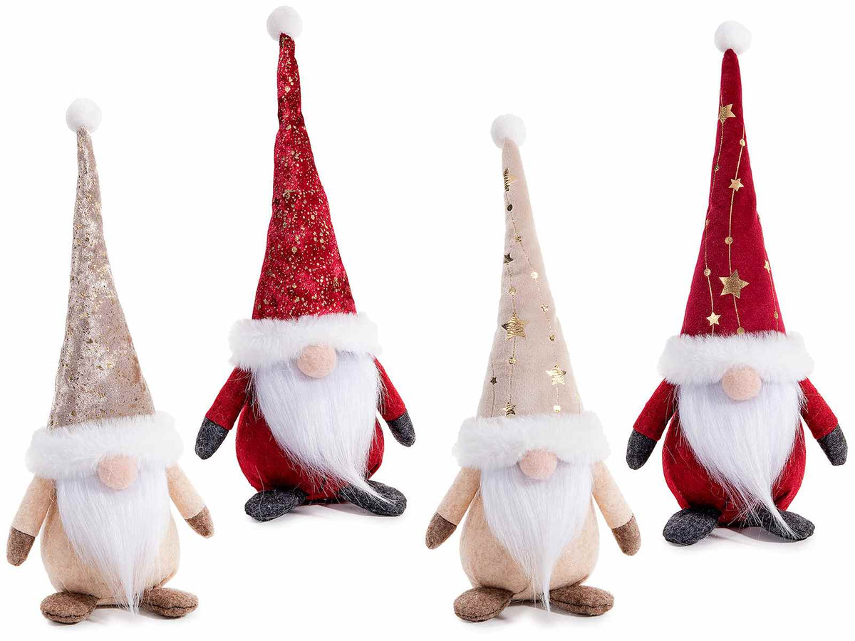 Gnomi di Natale in morbida stoffa con cappello modellabile con stelline, set da 8 pezzi, cm 12x9x33 H (capp.esteso)