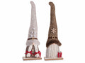 Mamma e Babbo Natale in panno con decori fiocco di neve su cappello, pacco doni e fiocchetto, su base in legno, set da 6 pezzi, cm 13 x 5 x 40 H