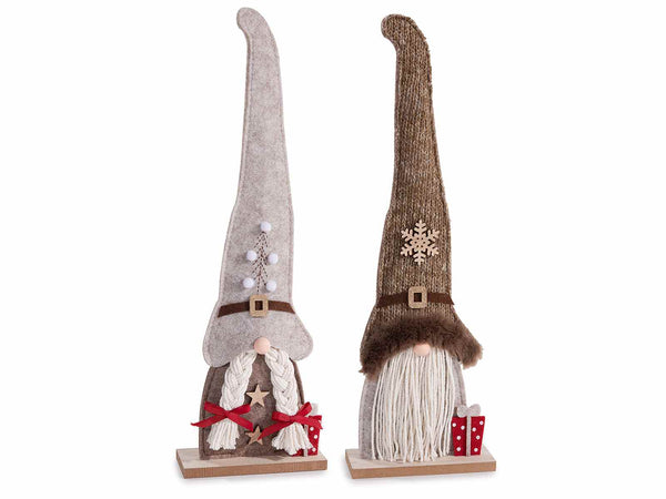 Set di 6 mamma e Babbo Natale in panno con decori fiocco di neve su cappello, pacco doni e fiocchetto, su base in legno, cm 13 x 5 x 40 H