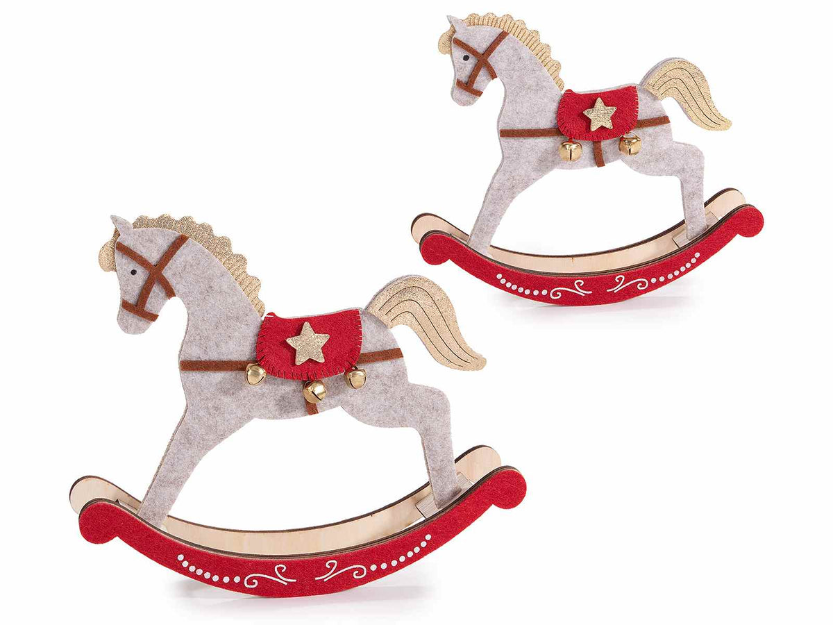 Decorazione natalizia a cavallo a dondolo in legno e panno con campanelle, set da 4 pezzi, Grande: cm 22,5 x 4 x 19 H