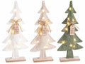 Alberi di Natale decorativi in panno, con fiocchetto in juta, tag decorativo con decoro renna e scritta Xmas e luci LED, con base in legno, set da 3 p