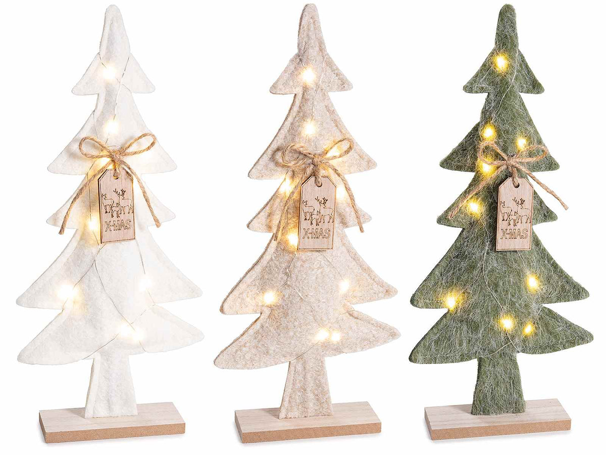 Alberi di Natale decorativi in panno, con fiocchetto in juta, tag decorativo con decoro renna e scritta Xmas e luci LED, con base in legno, set da 3 p