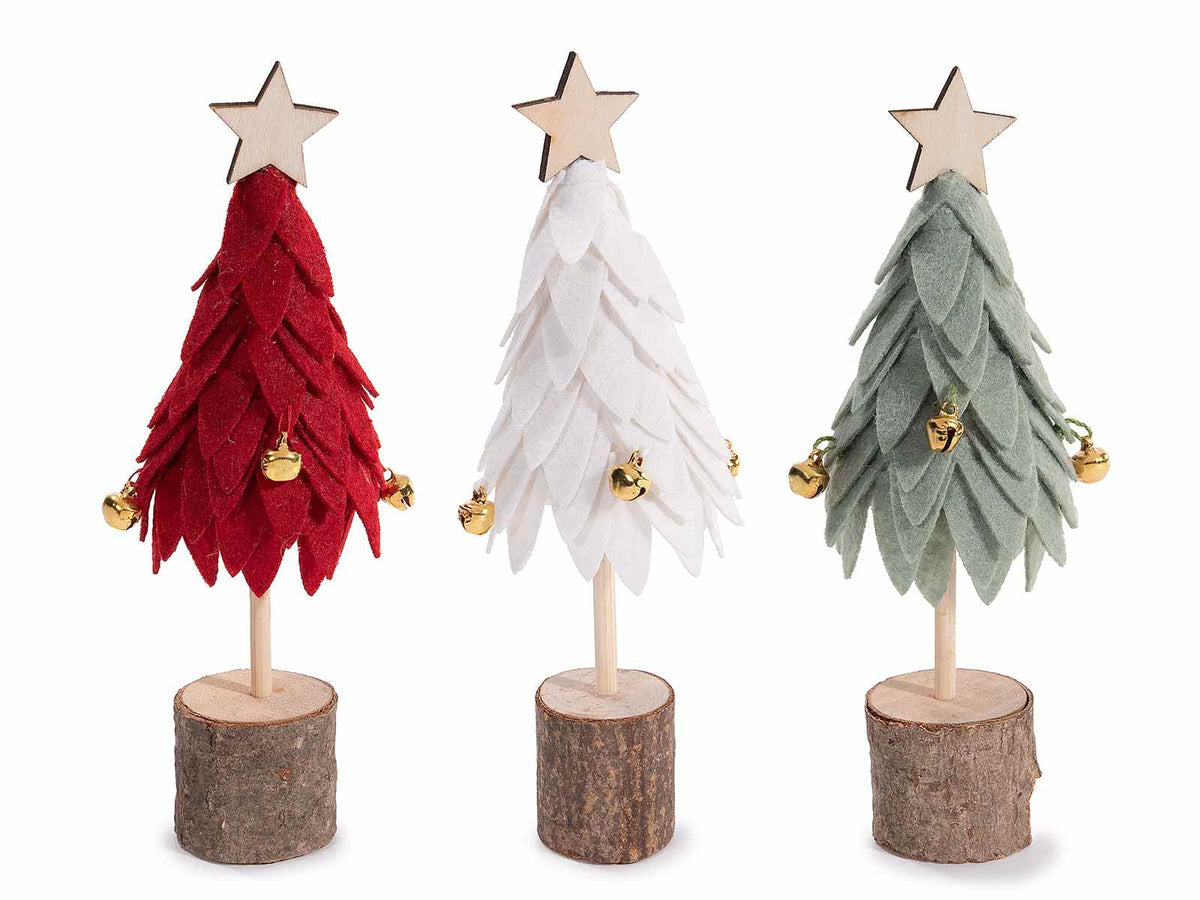 Alberelli di Natale decorativi con base a tronchetto di legno, albero in panno, set da 9 pezzi, Ø 6 cm x 18 H