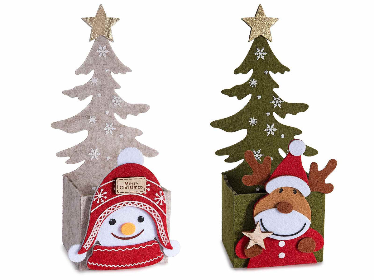 Cestini contenitori di Natale in panno con sagoma albero e decoro renna, set da 12 pezzi, cm 10 x 7,5 x 22 H