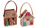 Set di 4 borsette di Natale in panno a casetta pan di zenzero con decorazioni fiocchi di neve, omini, alberi e dolcetti in rilievo, cm 17 x 8 x 18,5 H