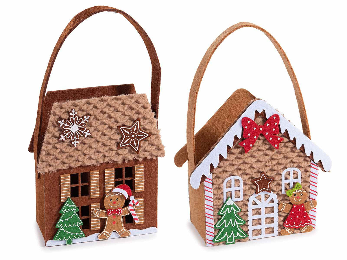Set di 4 borsette di Natale in panno a casetta pan di zenzero con decorazioni fiocchi di neve, omini, alberi e dolcetti in rilievo, cm 17 x 8 x 18,5 H