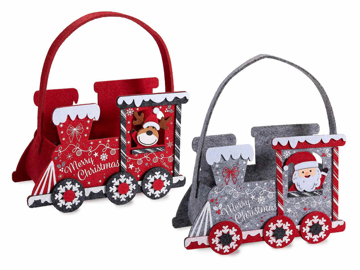 Borsette natalizie in panno sagomate a trenino con decori in rilievo, set da 6 pezzi, cm 20,5 x 9 x 13 H
