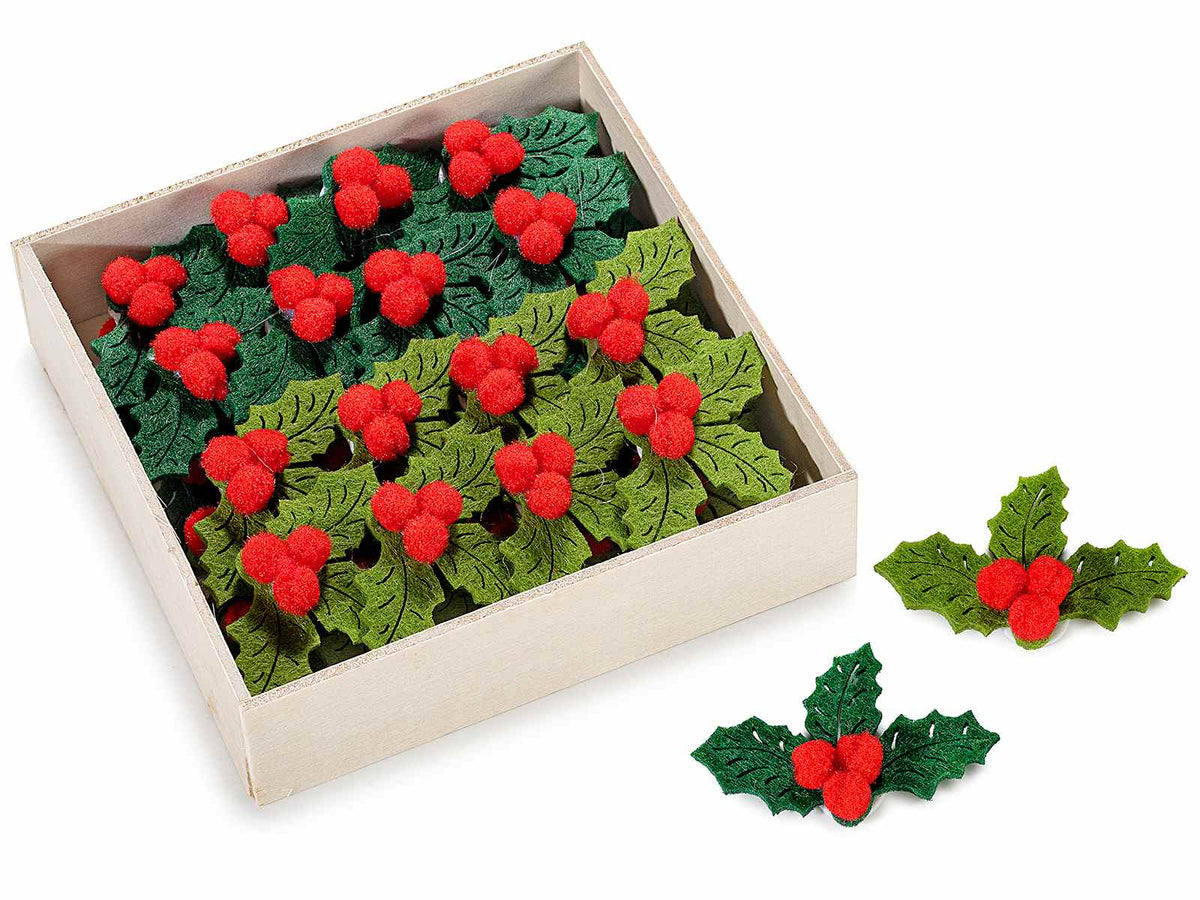 Accessori per confezioni di Natale con biadesivo a forma di agrifoglio in panno, set da 4 pezzi, cm 4,5 x 3 H
