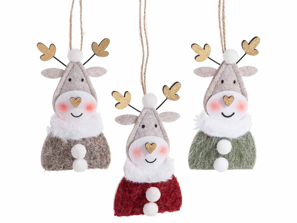 Set di 12 addobbi a renne di Natale in stoffa con sciarpa e bottoncini eco-fur, nasino a cuore e dettagli dorati, da appendere, cm 7 x 12,5 H