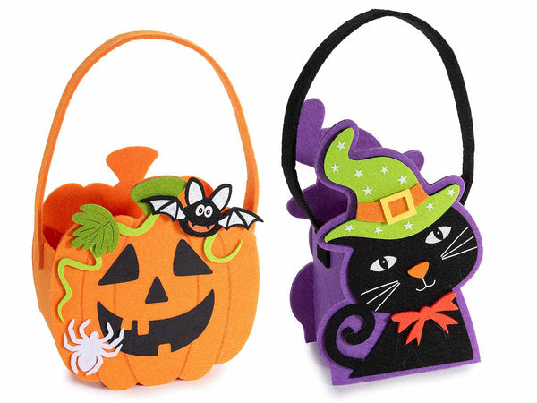 Borsette dolcetto o scherzetto Halloween in panno con manico e decorazioni, set da 6 pezzi, cm 14x7,5x21 H (c / manico27)