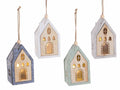 Decorazioni natalizie in legno e panno a forma di casetta con luci LED, set da 8 pezzi, cm 5,5 x 4,5 x 10 H