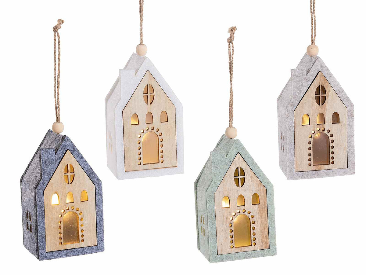 Decorazioni natalizie in legno e panno a forma di casetta con luci LED, set da 8 pezzi, cm 5,5 x 4,5 x 10 H