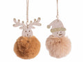 Addobbo Natale in panno a pompon in ecofur con renna e pupazzo di neve in legno, set da 12 pezzi, Ø 8 cm x 11 H