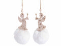 Decorazioni natalizie con angioletti sopra pompon bianco in ecofur con cordino per appendere, set da 12 pezzi, Ø 7 cm x 12 H