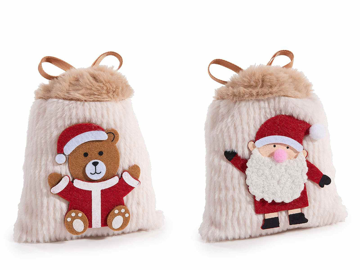 Sacchetti di Natale in morbido ecofur con decori natalizi a Babbo e orsetto, set da 12 pezzi, cm 13x15 H (al tirante 12)