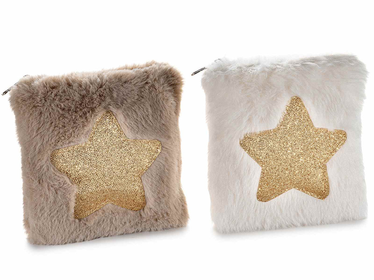 Pochette piccoli astucci in morbido ecofur con cerniera e decoro a stella, set da 8 pezzi, cm 12 x 14 H
