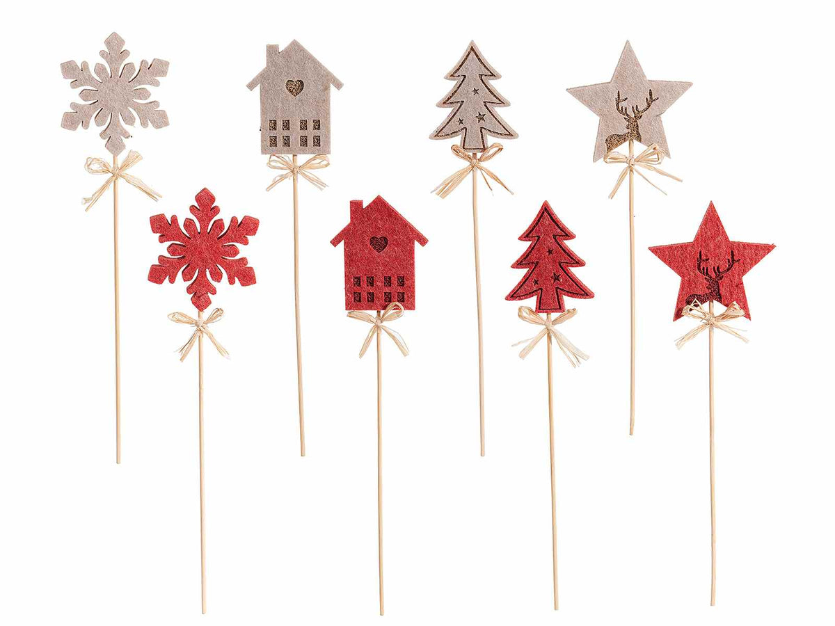 Decori per confezioni e packaging natalizio in panno sagomato su stick in legno, set da 32 pezzi, cm 7,5 H (con stick 28)