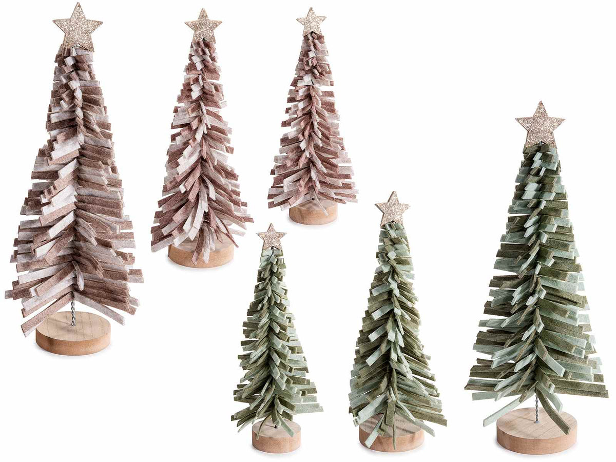 Alberi di Natale decorativi in panno con stella glitterata oro su base legno, set da 2 pezzi, Grande: Ø 16 cm x 39,5 H
