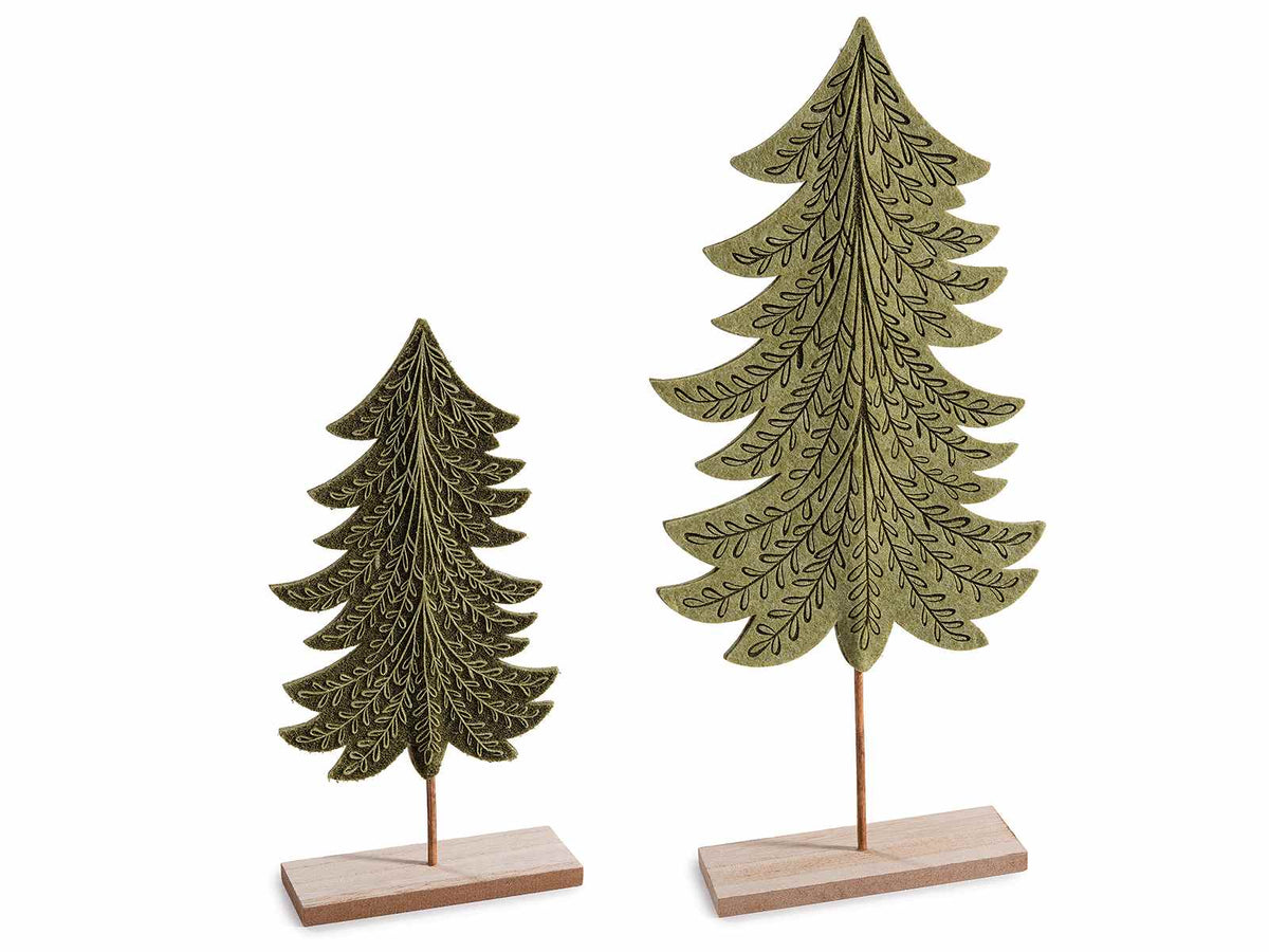 Alberi di Natale in panno con decorazioni incise e in rilievo, su base di legno, set da 6 pezzi, Grande: cm 14 x 5 x 35 H