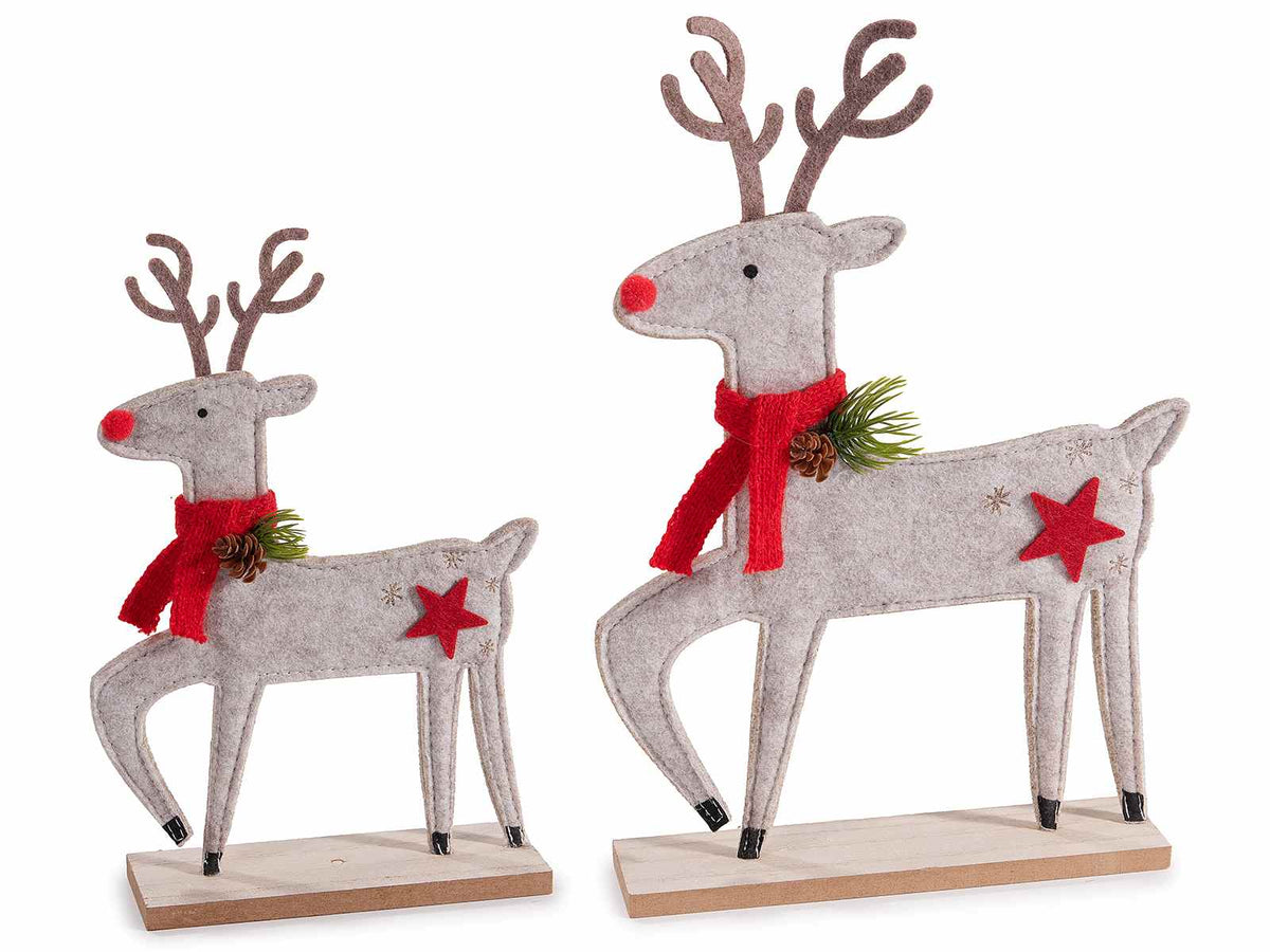 Renne di Natale in panno con decorazioni in rilievo, sciarpina e pigna su base, set da 4 pezzi, Grande: cm 21 x 5 x 31 H