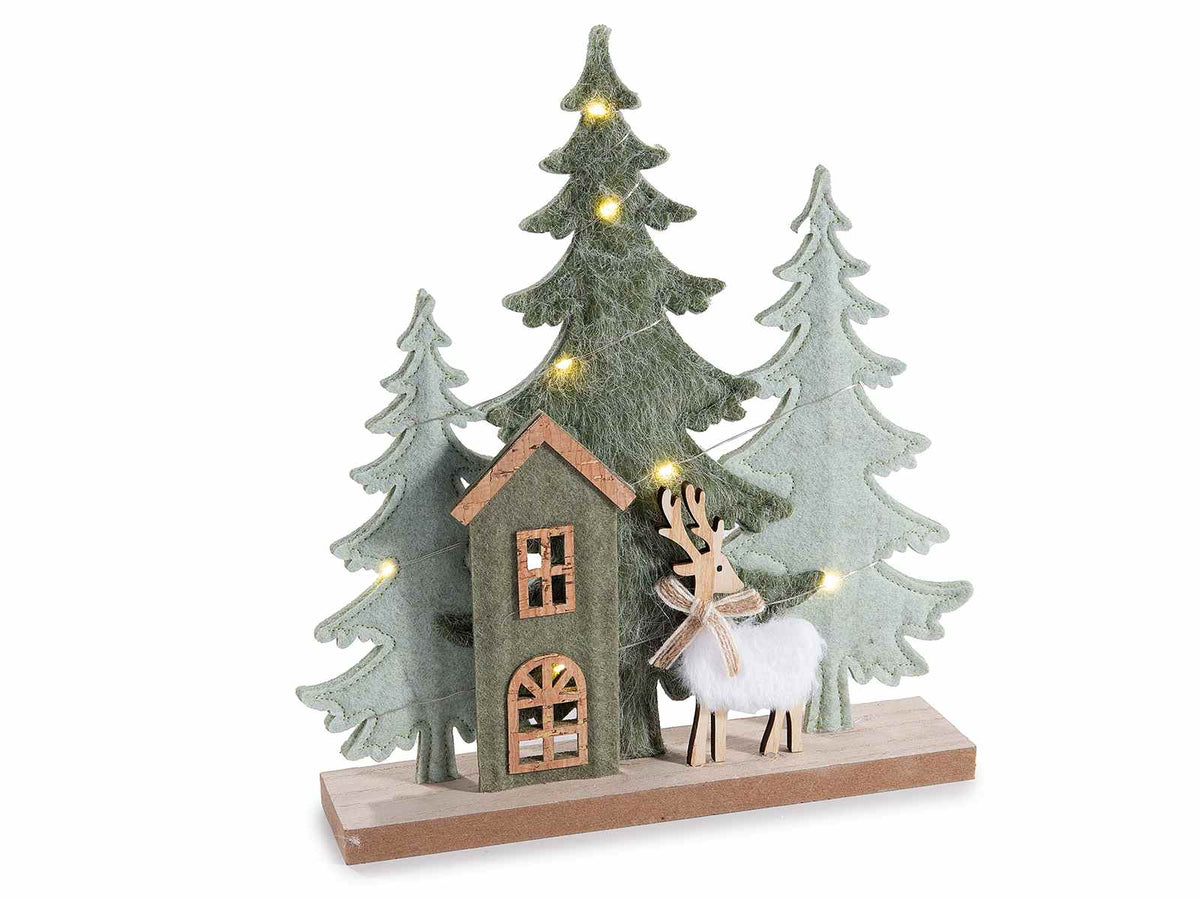 Decoro di Natale a paesaggio in legno e panno con alberi, casetta, renna in eco, set da 2 pezzi, cm 23,5 x 5 x 26 H