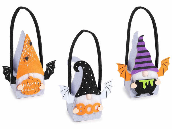 Borsette Halloween in panno a gnometto con ali da pipistrello e decori a tema, set da 12 pezzi, cm 13 x 7 x 16 H