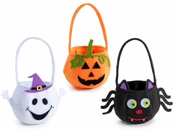 Cestini dolcetto o scherzetto Halloween a fantasma, zucca e ragno, realizzate, set da 3 pezzi, Ø 12 cm x 11 H