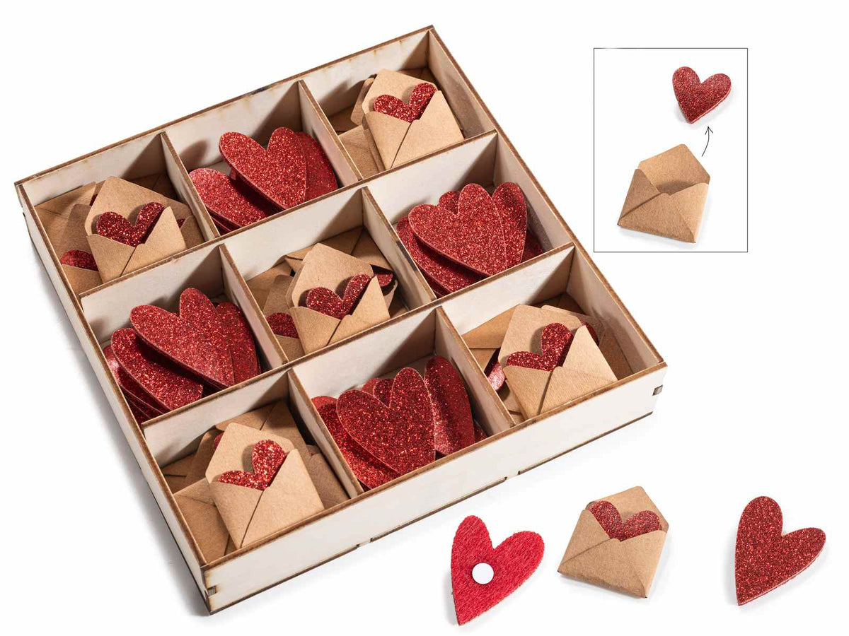 Decorazioni in panno a forma di cuore e letterina in carta con biadesivo, set da 2 pezzi, cm 3 x 4 H