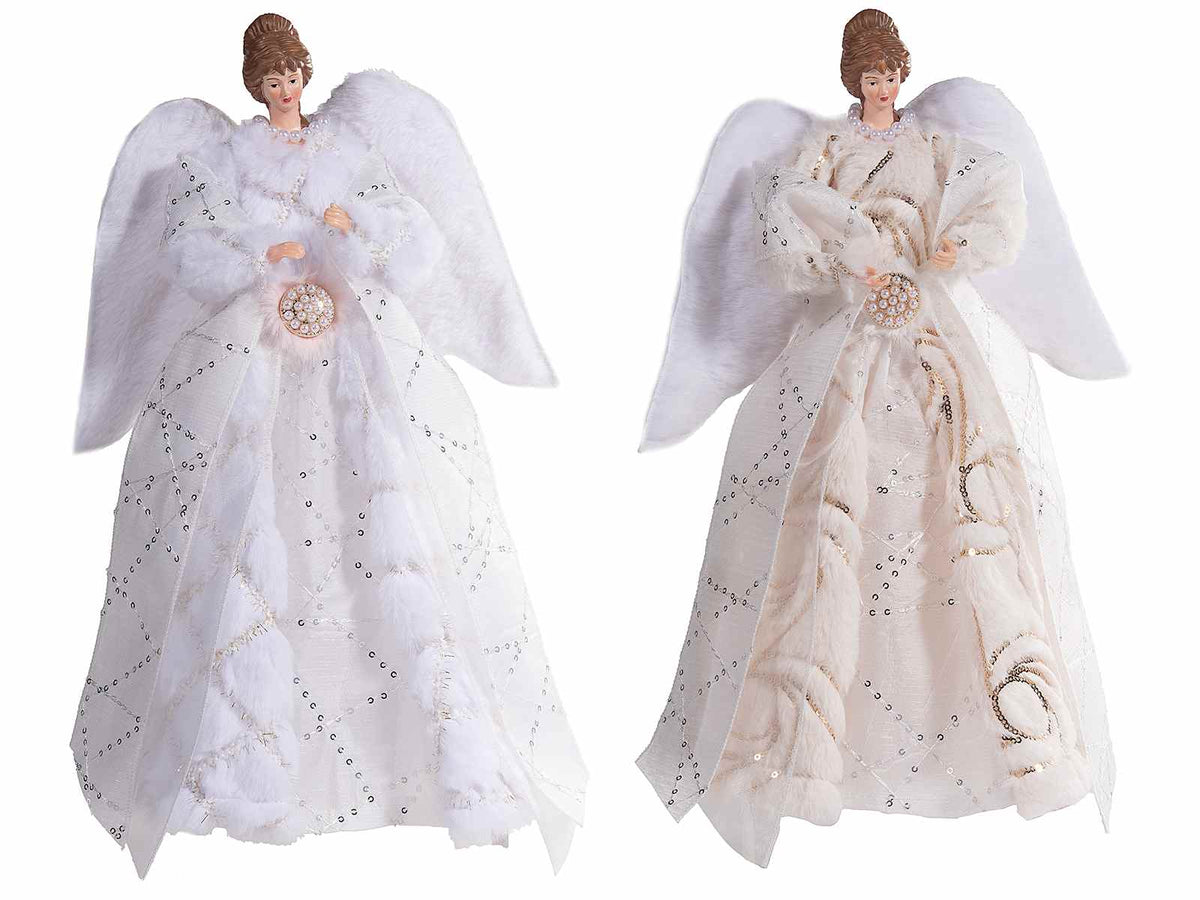 Puntale per albero di Natale ad angelo con ali e abito in ecofur, decorato, set da 2 pezzi, cm 24 x 10 x 36 H