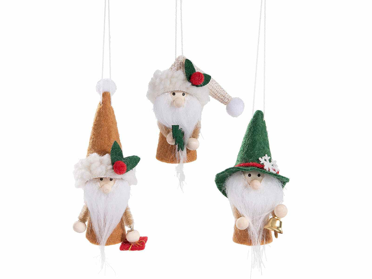 Babbo Natale da appendere all'albero in panno con decoro agrifoglio e pacco doni, set da 18 pezzi, cm4x3,5x9,5H (capp.esteso)