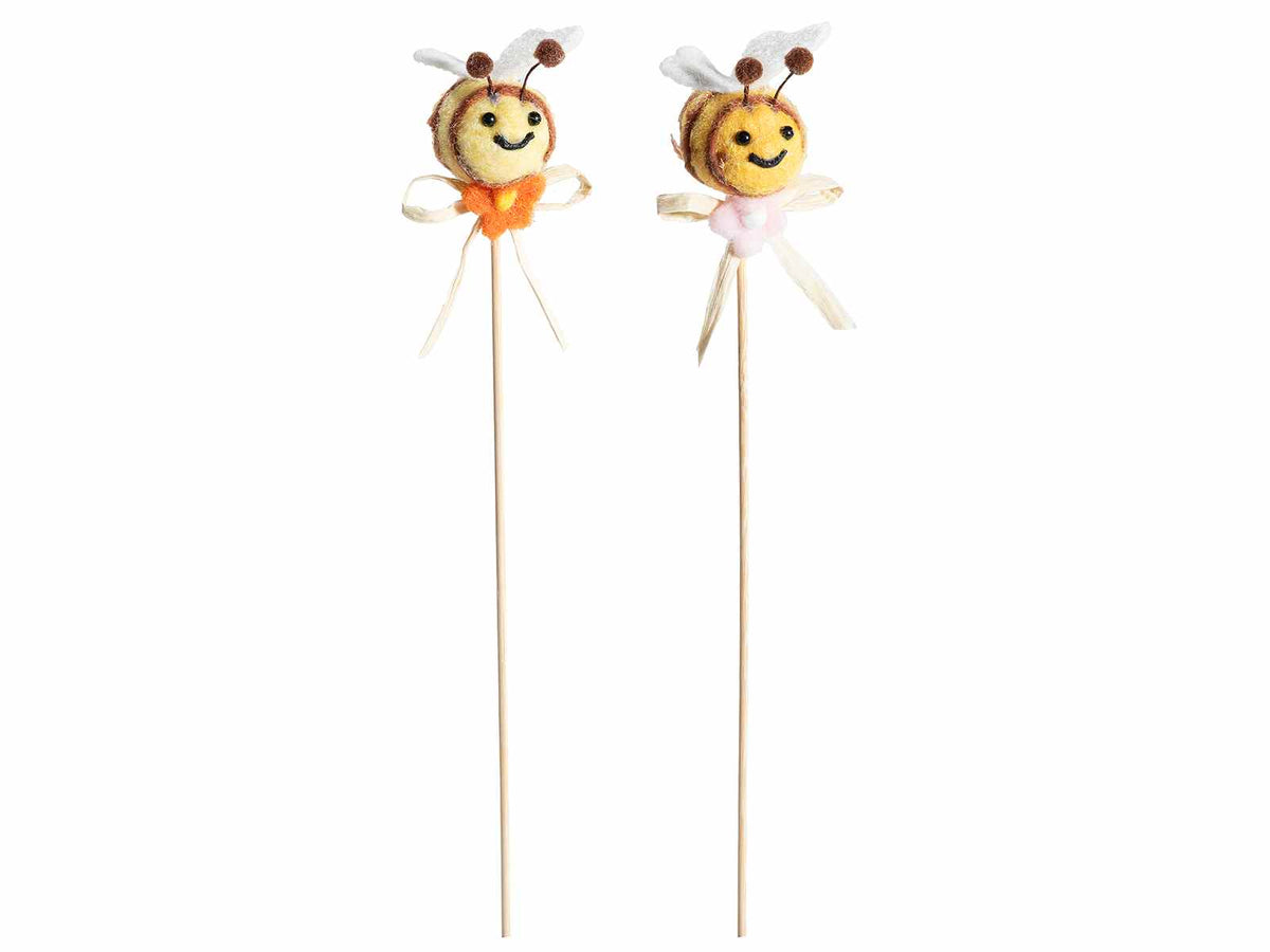 Api in feltro con fiore e fiocco in rafia su stick in legno, set da 20 pezzi, cm 3,5 x 4 H (con stick 27 H)