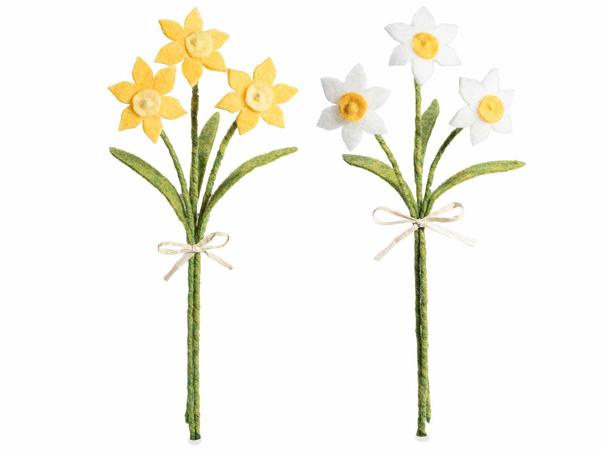 Mazzolini colorati di 3 narcisi in feltro con fiocco in rafia, set da 12 pezzi, Ø 6,5 cm x 33 H