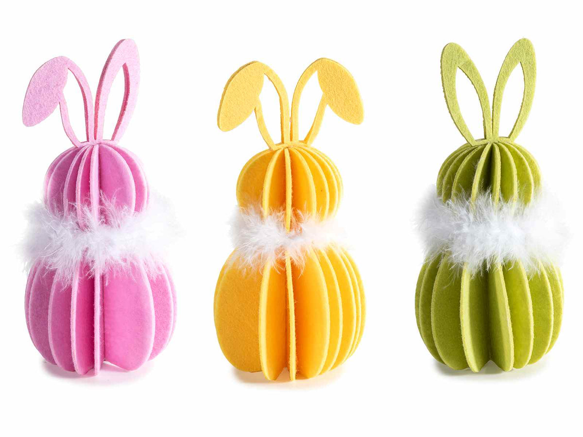 Conigli colorati tridimensionali realizzati in panno con collana in eco-fur, set da 9 pezzi, Ø 9 cm x 19,5 H