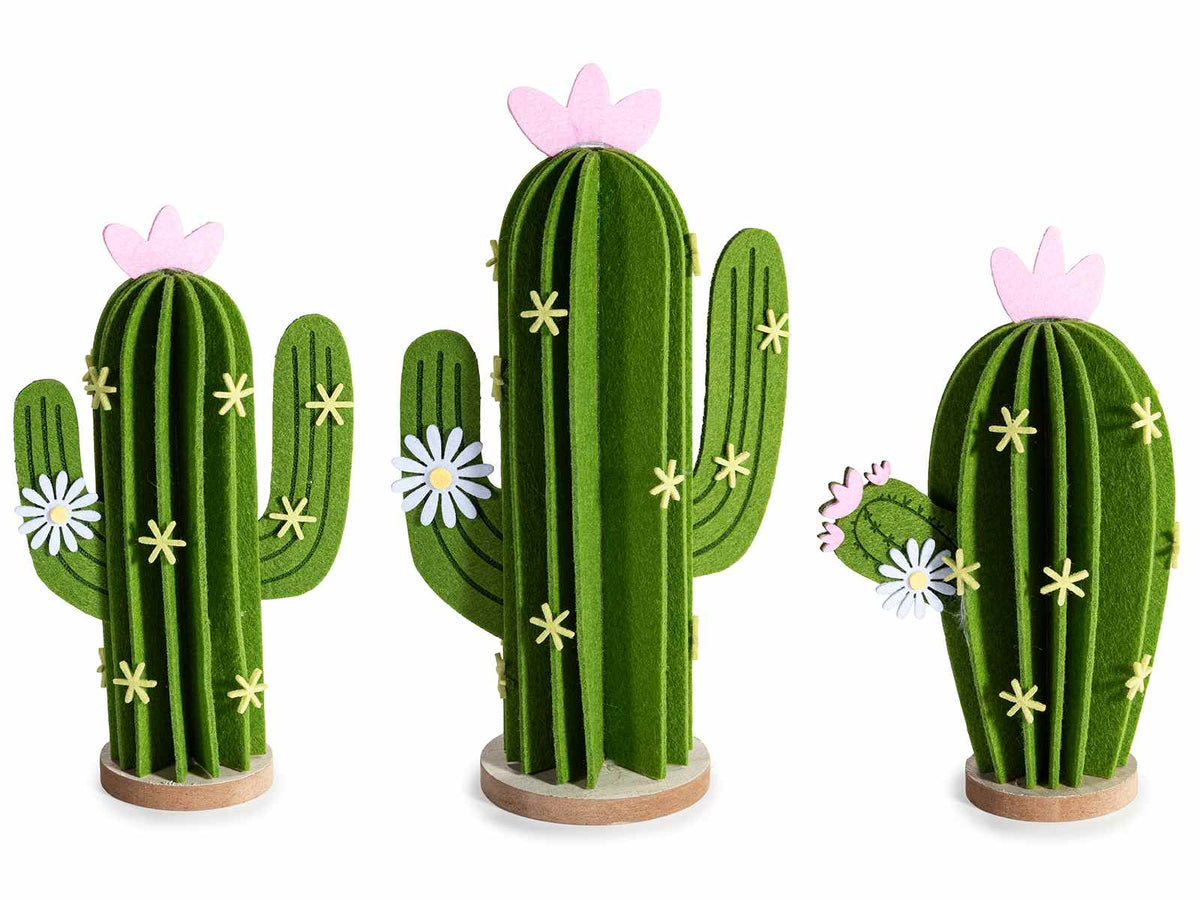 Cactus in panno con fiorellini colorati su base in legno, set da 2 pezzi, Grande: cm 14 x 8 x 24,5 H