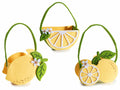 Borsette in panno a forma di limone con decori in rilievo, set da 12 pezzi, cm16,5x8x11,5H (con manico20)
